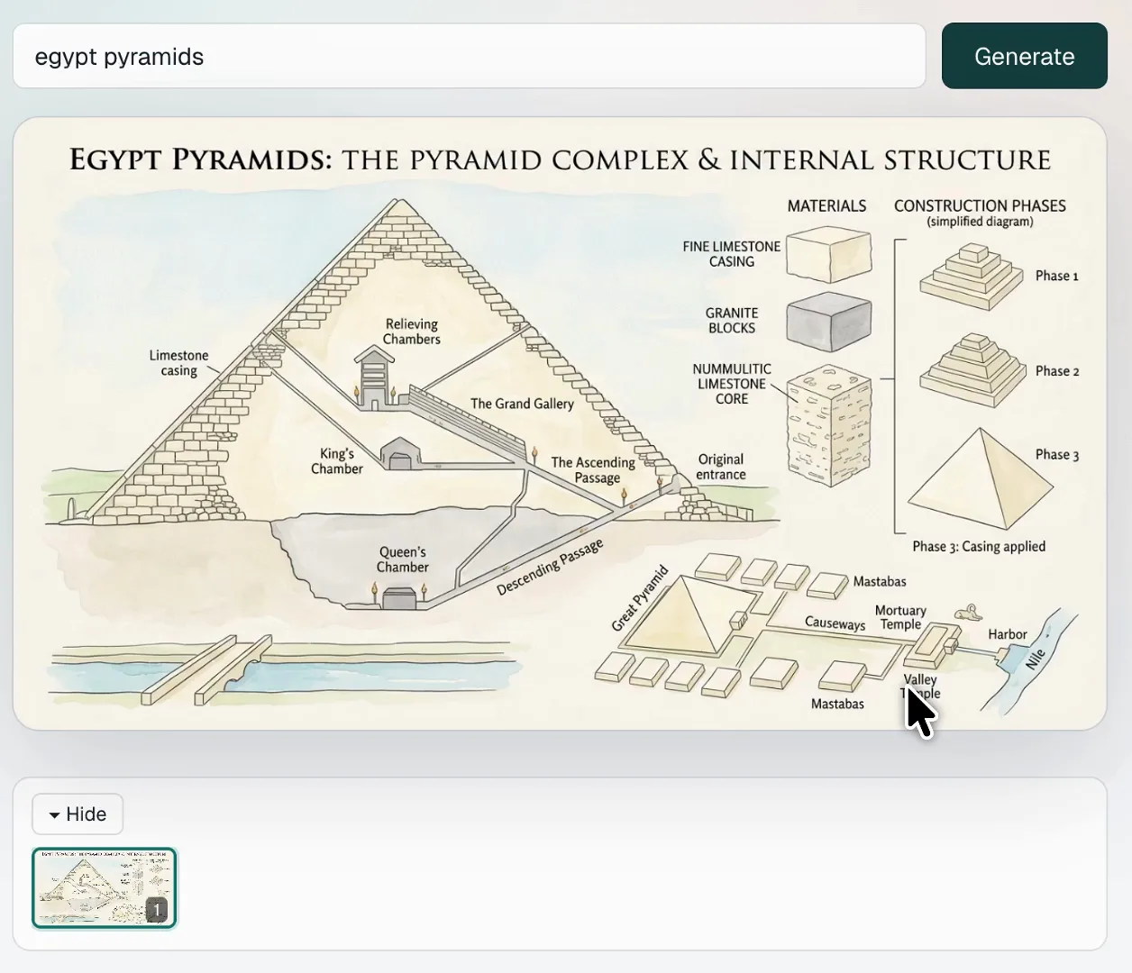 Typing a topic, then clicking into the illustration to generate the next, deeper page