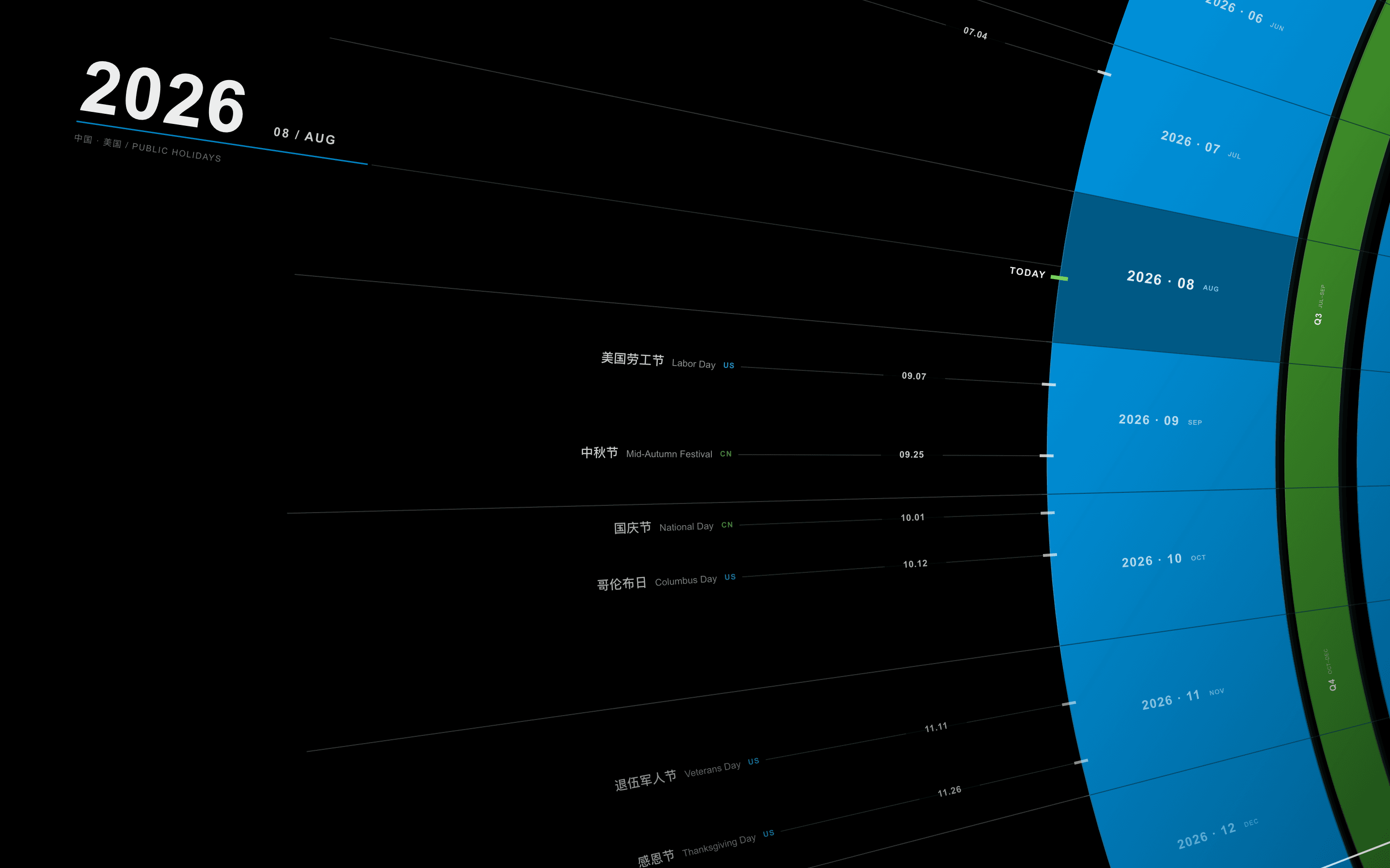 Radial Calendar showing August 2026 and public holidays