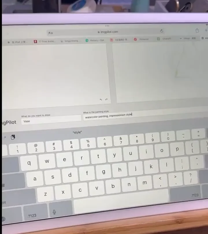 A hand drawing a vase of leaves with an Apple Pencil on an iPad running ImgPilot in the browser, the right-hand pane repainting it as a watercolour as each stroke lands