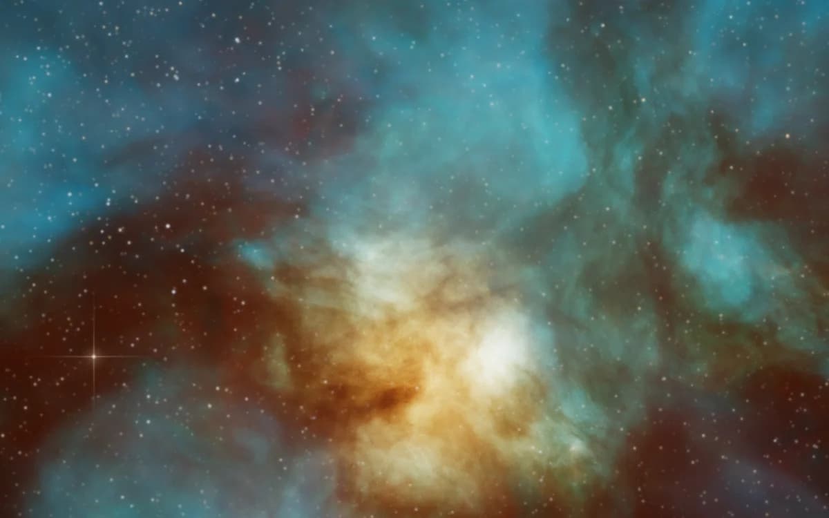 Teal and rust volumetric nebula with a blazing golden core and a field of stars