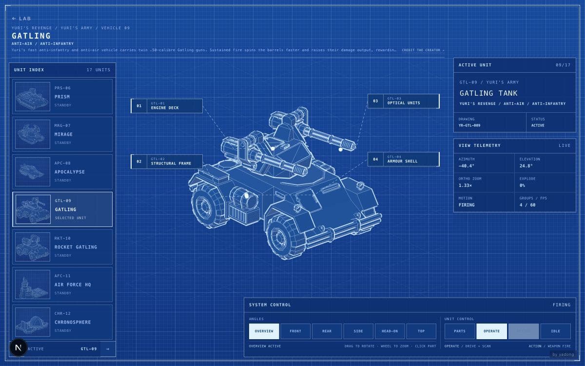 A Red Alert tank rendered as a cobalt-blue orthographic engineering drawing with a vehicle roster and technical controls