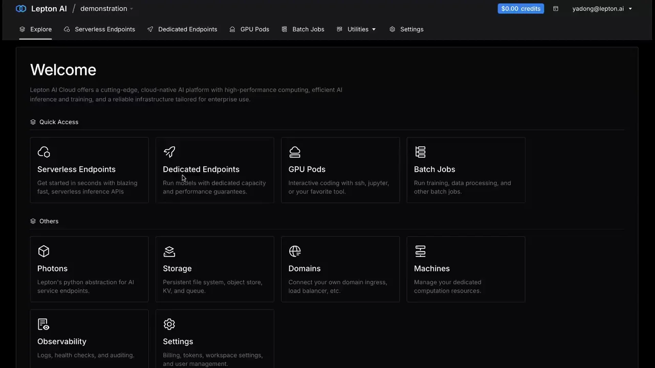 The Lepton AI console: a catalogue of prebuilt models, then a short form naming an endpoint, choosing a resource shape and creating it