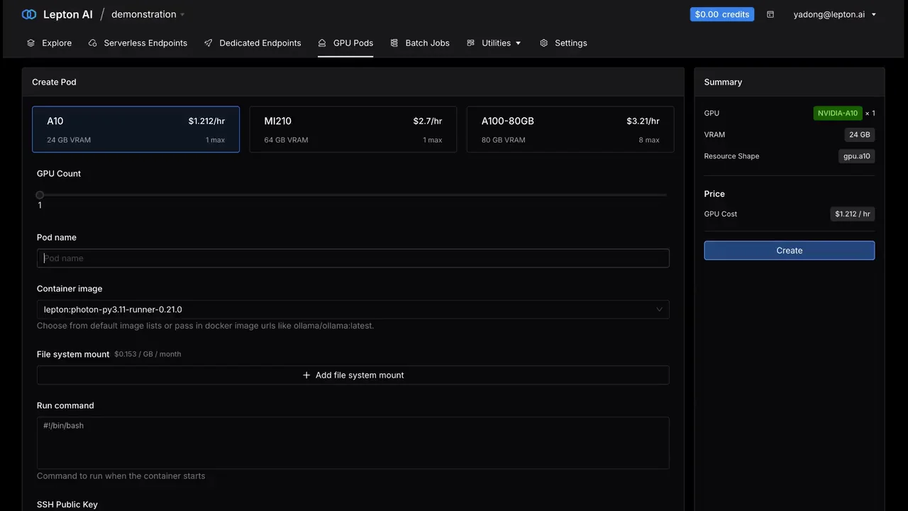Creating a GPU pod in the Lepton console by picking a card and an image, then the running pod's SSH and port-forwarding details, and finally JupyterLab open in the browser