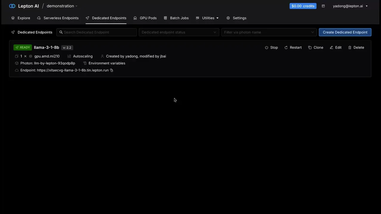 A deployed Llama endpoint answering in its browser playground with voice mode on, temperature and token sliders alongside, then the API tab showing the equivalent call as code